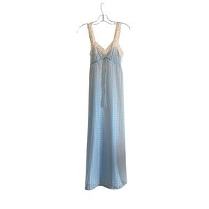 vtg Val Mode Petite 1970s Full Length Babydoll Maxi Lace Nightgown Dress Blue XS